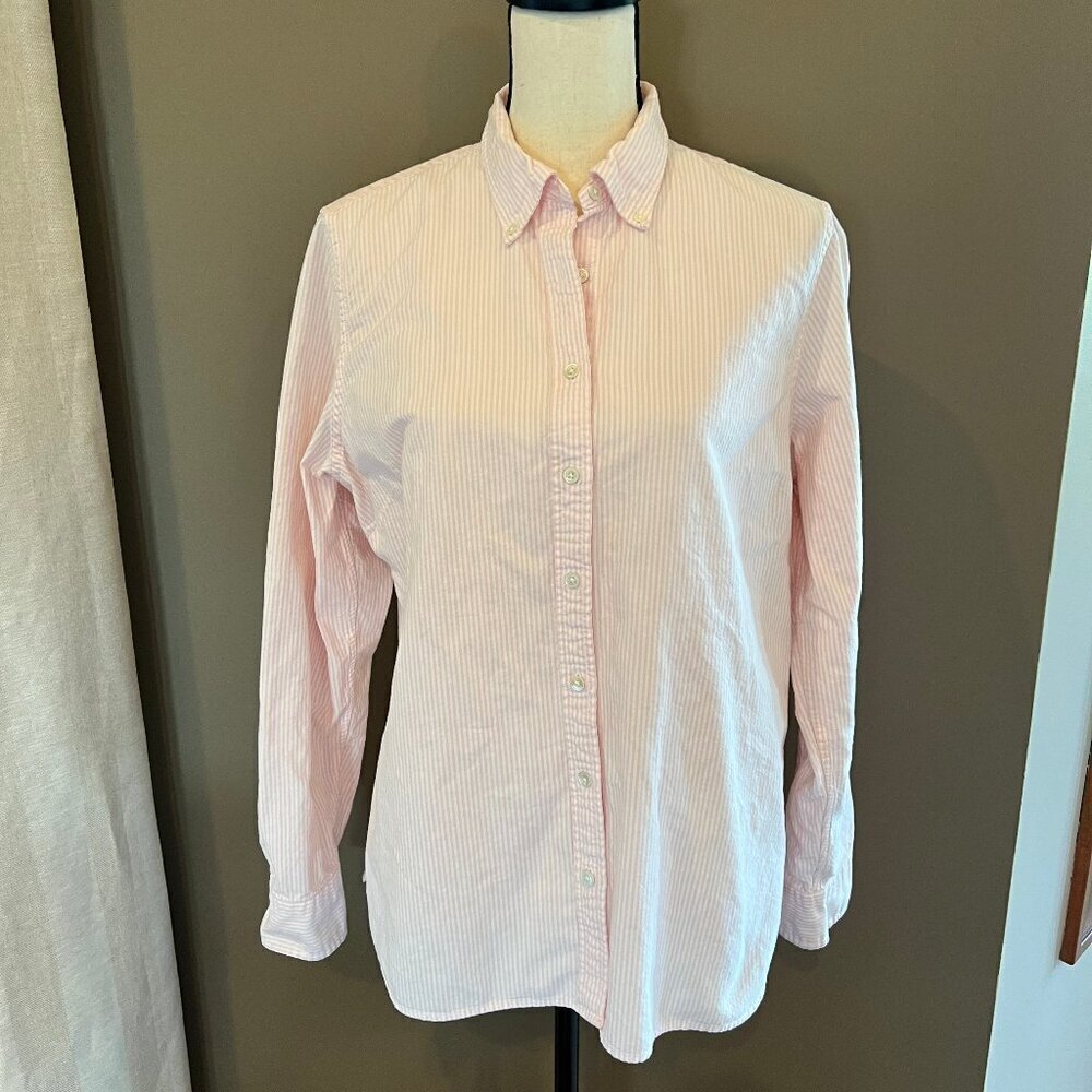 Women's Lands' End Pink & White Stripe Oxford Button Up Shirt, Size 14